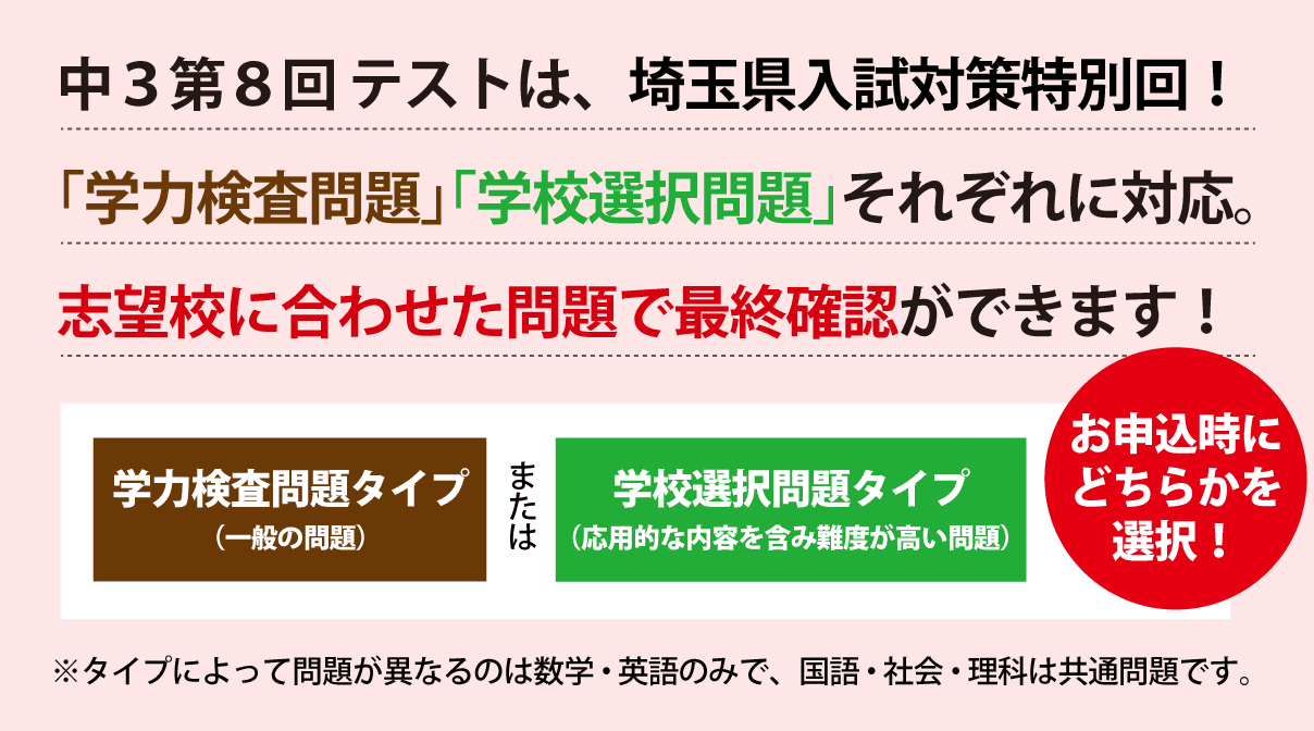 3年8回テストでは、志望校に合わせて「学力検査問題タイプ」か「学校選択問題タイプ」かを、希望に合わせて選べます